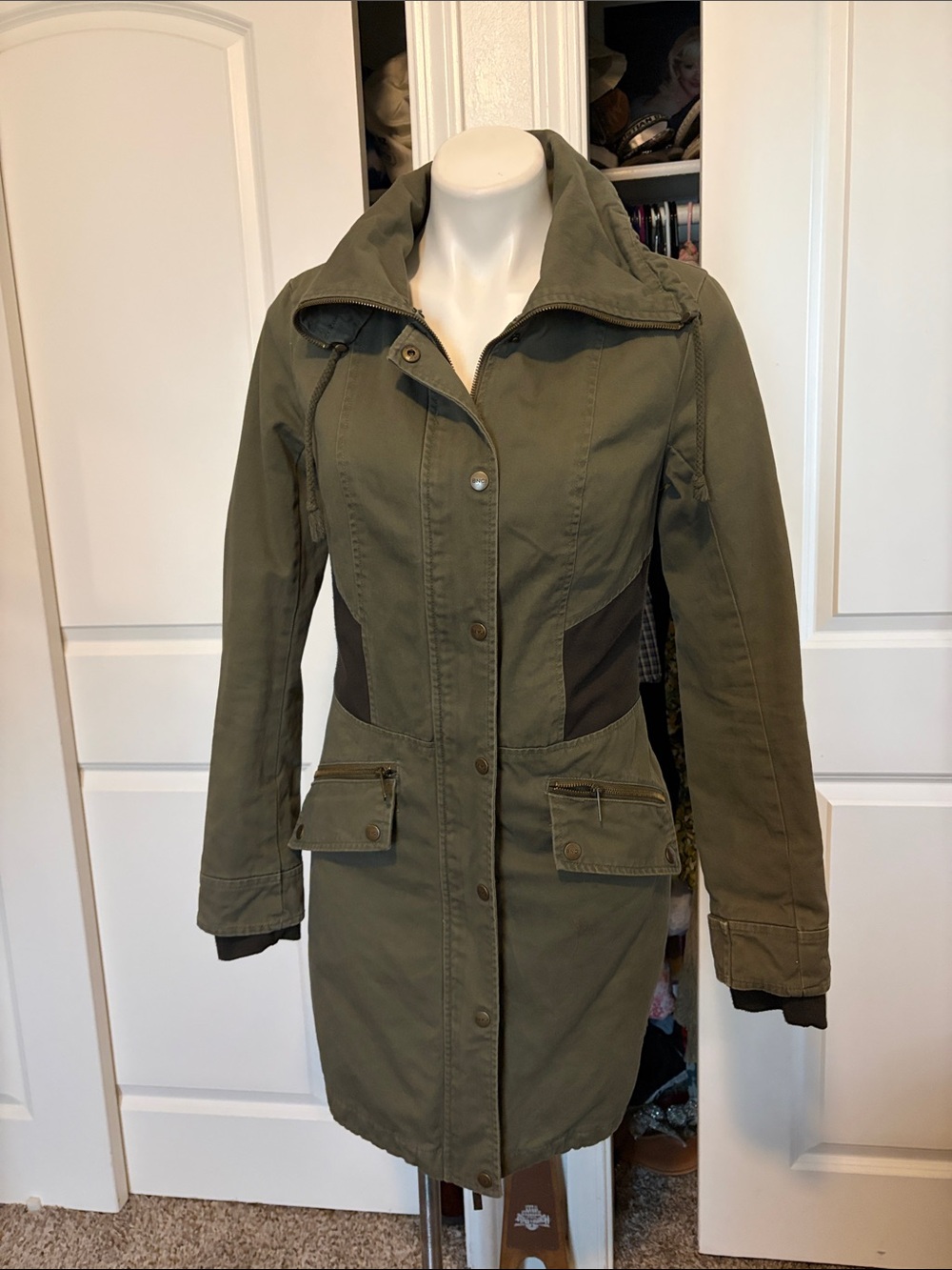 Women’s Olive Green Utility Trench Coat with Contrast Panels